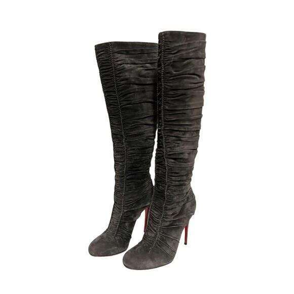 Louboutin Boots Charcoal Gray Suede Stiletto Size 37.5 - Picture 1 of 7